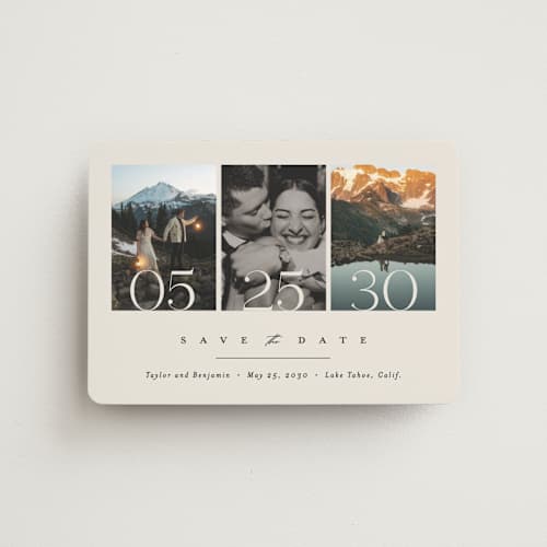 This is a ecru save the date magnets with standard by Erica Krystek called simple trio printing on magnet paper in magnet