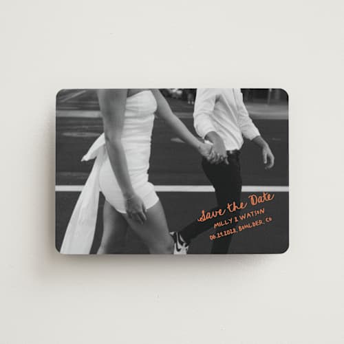 This is a tangerine save the date magnets with standard by Jelena Vuletic called imprint printing on magnet paper in magnet