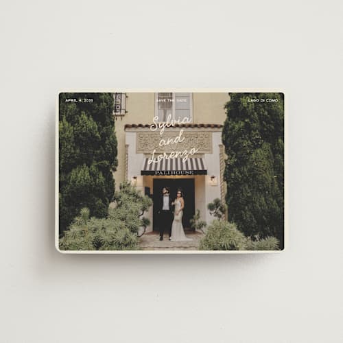 This is a cream save the date magnets with standard by Ellen Schlegelmilch called sylvia printing on magnet paper in magnet