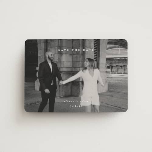 This is a cotton save the date magnets with standard by Amy Kross called veneer printing on magnet paper in magnet