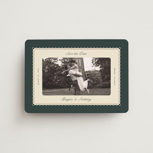 This is a emerald save the date magnets with standard by Kate Ahn called bettie printing on magnet paper in magnet