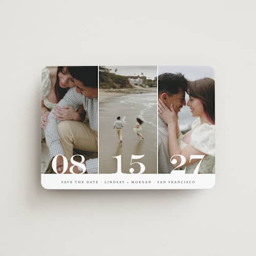 This is a noir save the date magnets with standard by Kimberly FitzSimons called trio printing on magnet paper in magnet