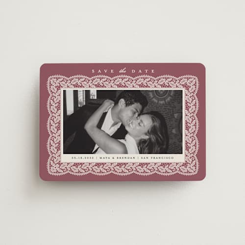 This is a mauve save the date magnets with standard by Erica Krystek called chantilly printing on magnet paper in magnet