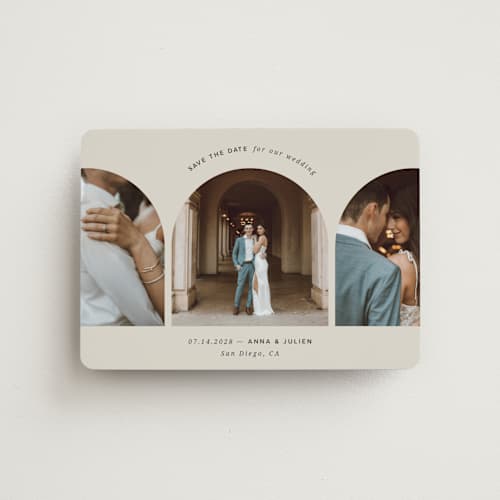 This is a sand save the date magnets with standard by Kristin Oliversen called pure elegance printing on magnet paper in magnet