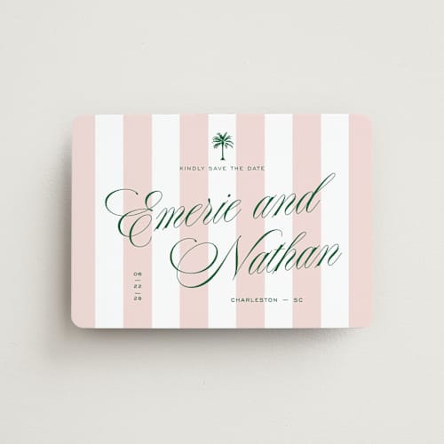 This is a taffy save the date magnets with standard by Susan Zinader called palm stripes printing on magnet paper in magnet