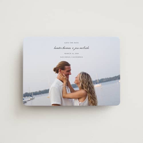 This is a tuxedo save the date magnets with standard by Michelle Buckner called horizon printing on magnet paper in magnet