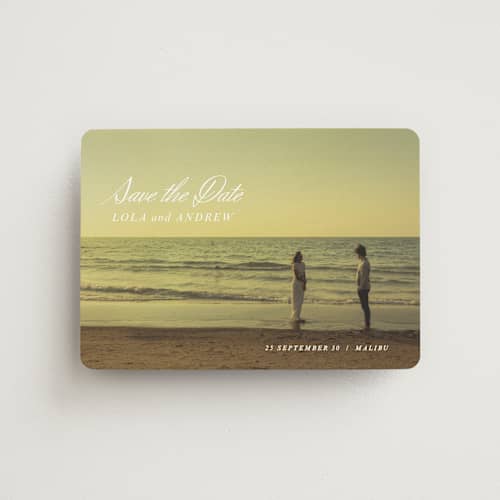 This is a pearl save the date magnets with standard by Stacey Day called essence printing on magnet paper in magnet