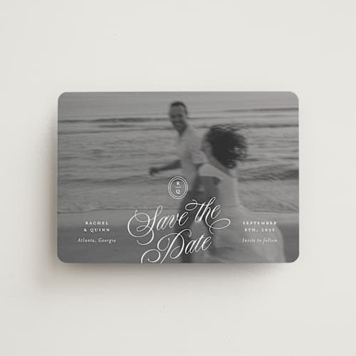 This is a ivory save the date magnets with standard by Paper Raven Co. called vintage romance printing on magnet paper in magnet