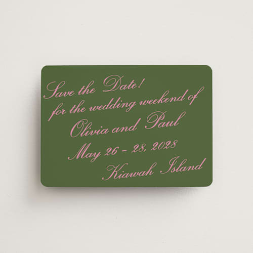 This is a moss save the date magnets with standard by Megan Davis called kiawah printing on magnet paper in magnet
