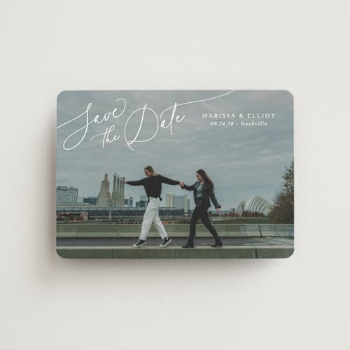 This is a pearl save the date magnets with standard by Kaydi Bishop called on the horizon printing on magnet paper in magnet