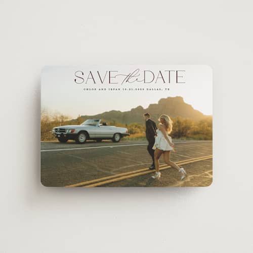 This is a cabernet save the date magnets with standard by Maja Cunningham called prose printing on magnet paper in magnet