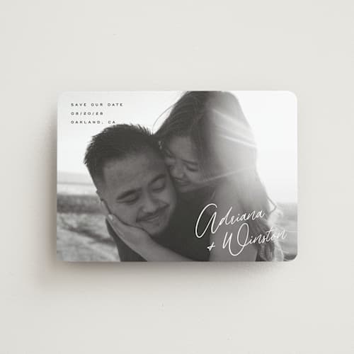 This is a cotton save the date magnets with standard by Hooray Creative called adriana printing on magnet paper in magnet