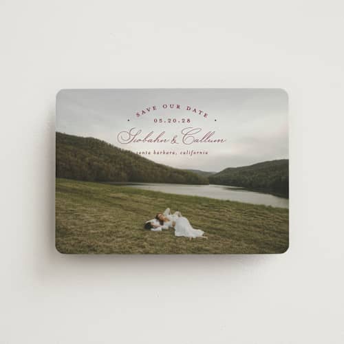 This is a bordeaux save the date magnets with standard by Erica Krystek called arched type printing on magnet paper in magnet