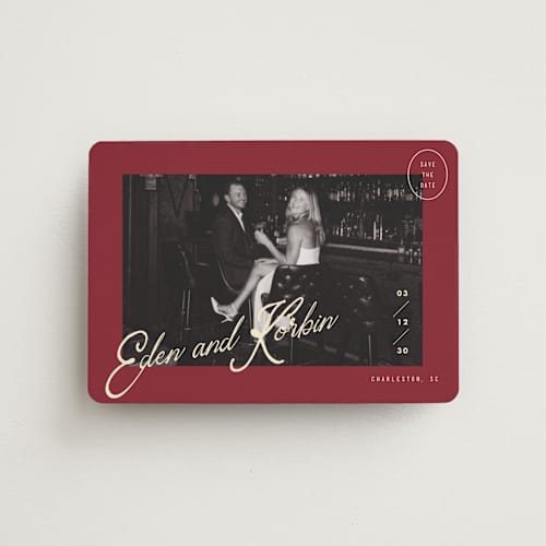 This is a campari save the date magnets with standard by Susan Zinader called cocktail hour printing on magnet paper in magnet