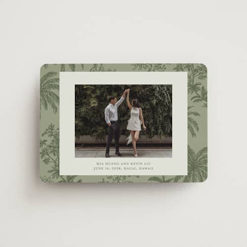 This is a jungle save the date magnets with standard by Jenna Holcomb called tropicale printing on magnet paper in magnet