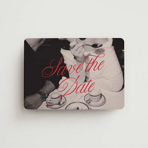 This is a crimson save the date magnets with standard by Vera Lim called poster. printing on magnet paper in magnet