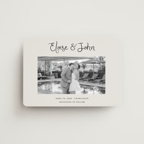 This is a tuxedo save the date magnets with standard by Megan Davis called camellia printing on magnet paper in magnet