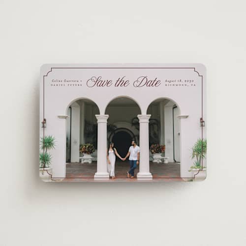 This is a cabernet save the date magnets with standard by Pink House Press called notched up printing on magnet paper in magnet