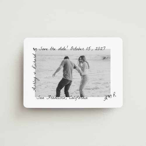 This is a graphite save the date magnets with standard by Claudia Orengo called showered printing on magnet paper in magnet