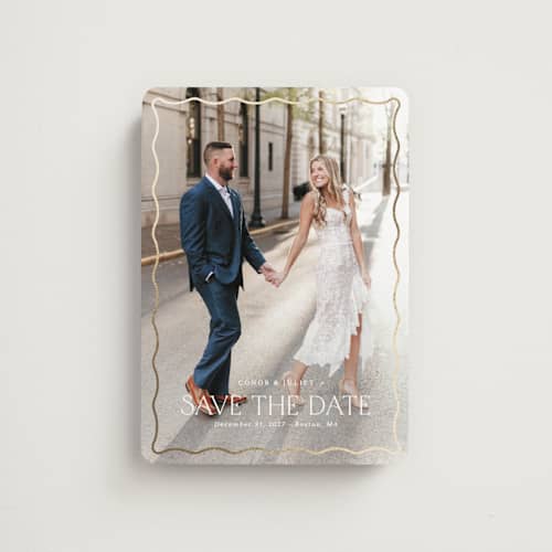 This is a cloud save the date magnets with foil pressed by Kaydi Bishop called scalloped border printing on magnet paper in magnet