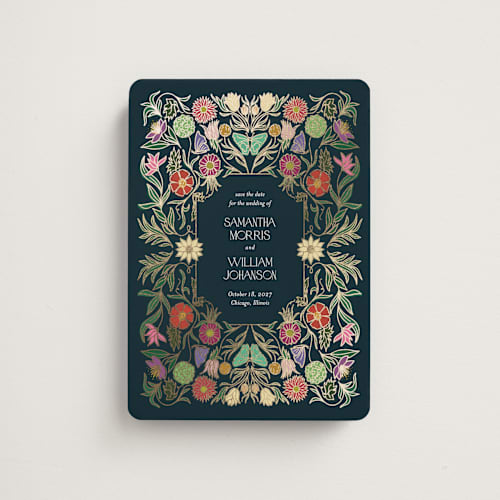 This is a midnight garden save the date magnets with foil pressed by Simona Camp called gilded tapestry printing on magnet paper in magnet