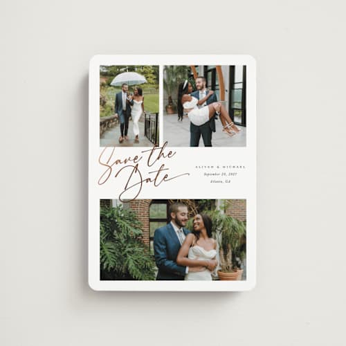 This is a pearl save the date magnets with foil pressed by Melanie Kosuge called three printing on magnet paper in magnet