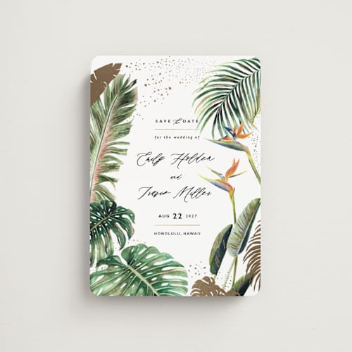This is a fern save the date magnets with foil pressed by Elly called our paradise printing on magnet paper in magnet