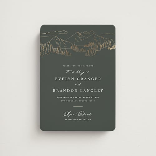 This is a hunter save the date magnets with foil pressed by Sarah Brown called peaks printing on magnet paper in magnet