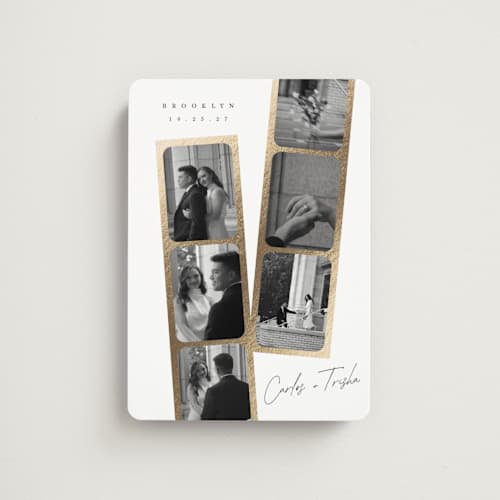This is a pearl save the date magnets with foil pressed by Leah Bisch called snapshots printing on magnet paper in magnet