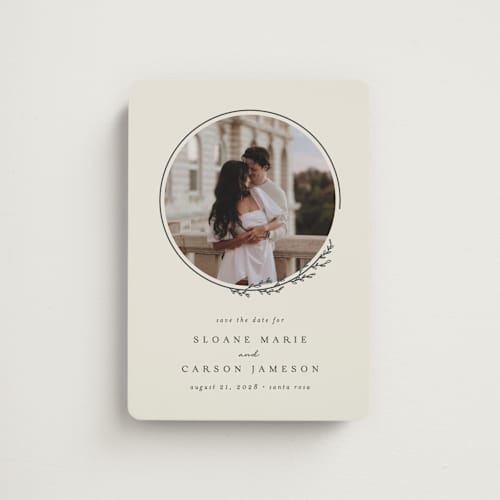 This is a almond save the date magnets with standard by Brianne Larsen called branched printing on magnet paper in magnet