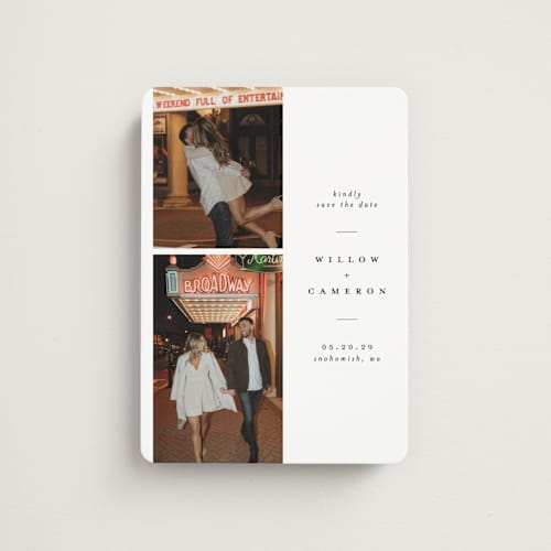 This is a snow save the date magnets with standard by Joanna Griffin called classic printing on magnet paper in magnet