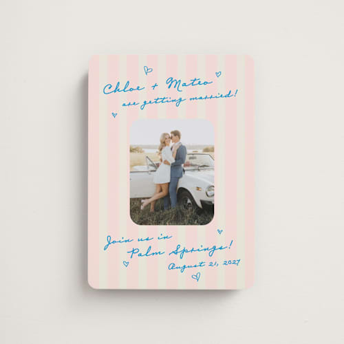 This is a pink grapefruit save the date magnets with standard by Jackie Crawford called the right stripes printing on magnet paper in magnet