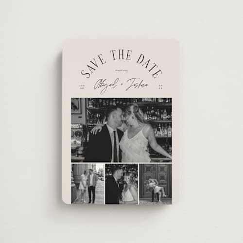 This is a taupe save the date magnets with standard by Michelle Taylor called archway printing on magnet paper in magnet