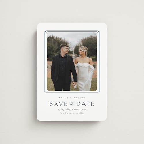 This is a french blue save the date magnets with standard by Jennifer Postorino called ariah printing on magnet paper in magnet