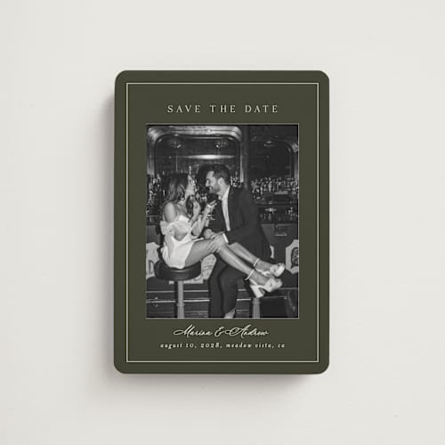 This is a olive save the date magnets with standard by Nicole Walsh called refined printing on magnet paper in magnet