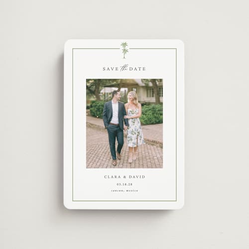 This is a leaf save the date magnets with standard by Olivia Raufman called palm monogram printing on magnet paper in magnet