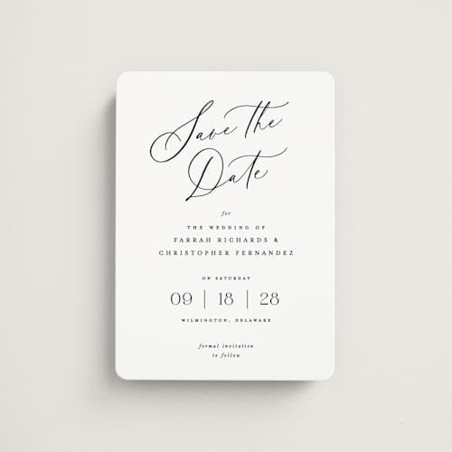 This is a pearl save the date magnets with standard by Hooray Creative called beautifully scripted printing on magnet paper in magnet