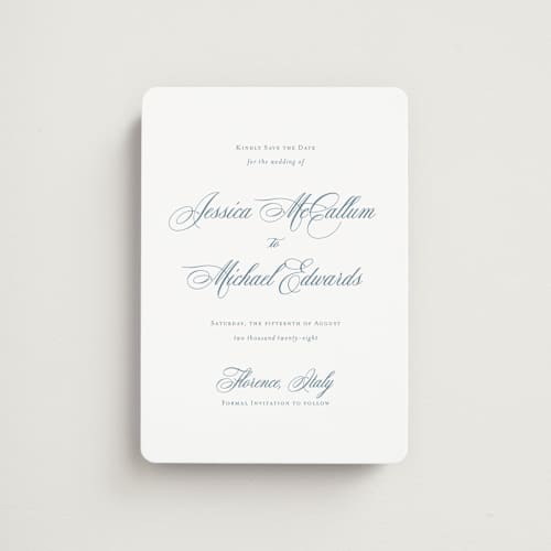 This is a dusty blue save the date magnets with standard by Jennifer Postorino called empire printing on magnet paper in magnet