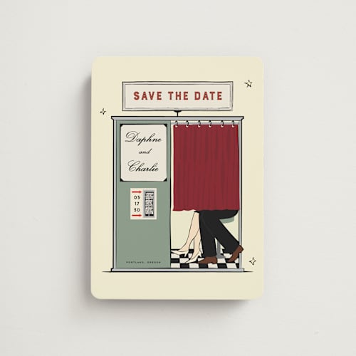 This is a vintage save the date magnets with standard by Jennifer Lew called photobooth printing on magnet paper in magnet