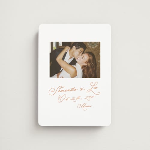 This is a peach save the date magnets with standard by AK Graphics called flourishing printing on magnet paper in magnet
