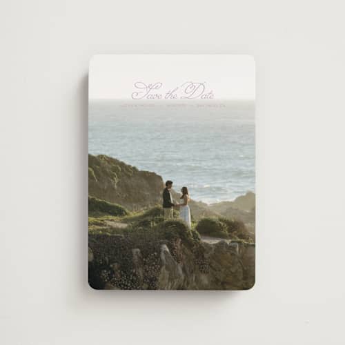 This is a lilac save the date magnets with standard by Casey Miller called quiet horizon printing on magnet paper in magnet