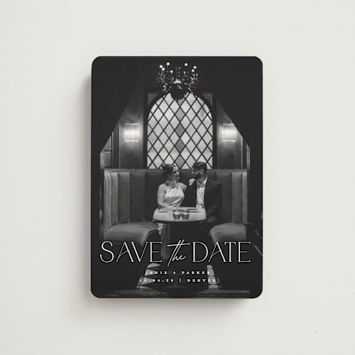 This is a pearl save the date magnets with standard by Jessica Corliss called simple elegance printing on magnet paper in magnet