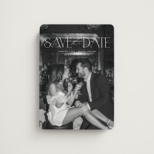 This is a pearl save the date magnets with standard by Brooke Chandler called elegant fete printing on magnet paper in magnet