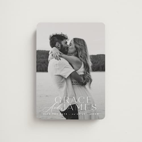 This is a snow save the date magnets with standard by Angela Thompson called namesake printing on magnet paper in magnet