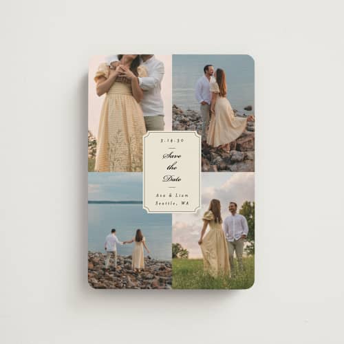 This is a cream save the date magnets with standard by Ashley Iwafuchi called vintage wishes printing on magnet paper in magnet