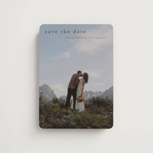 This is a mulberry save the date magnets with standard by Stacey Meacham called typographic header printing on magnet paper in magnet