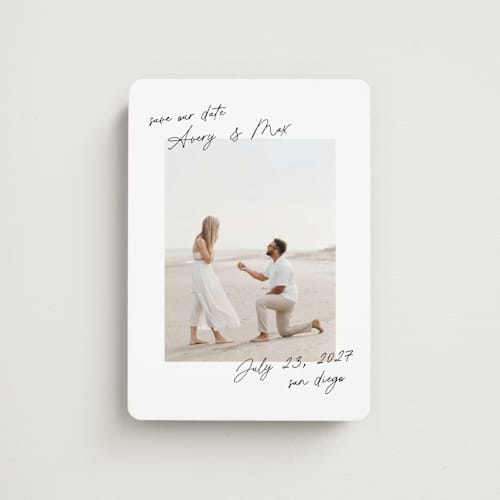 This is a pearl save the date magnets with standard by Lindsay Megahed called joyful jot printing on magnet paper in magnet
