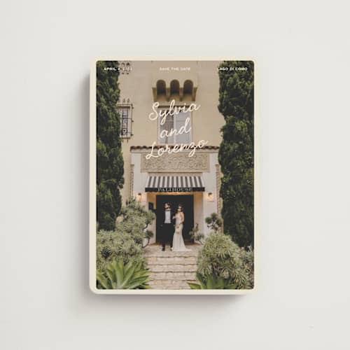This is a cream save the date magnets with standard by Ellen Schlegelmilch called sylvia printing on magnet paper in magnet