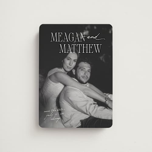 This is a pearl save the date magnets with standard by Mellary Bitner called cover shot printing on magnet paper in magnet