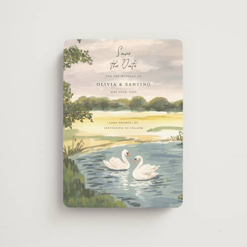 This is a lake save the date magnets with standard by Teju Reval called dreamy pond printing on magnet paper in magnet